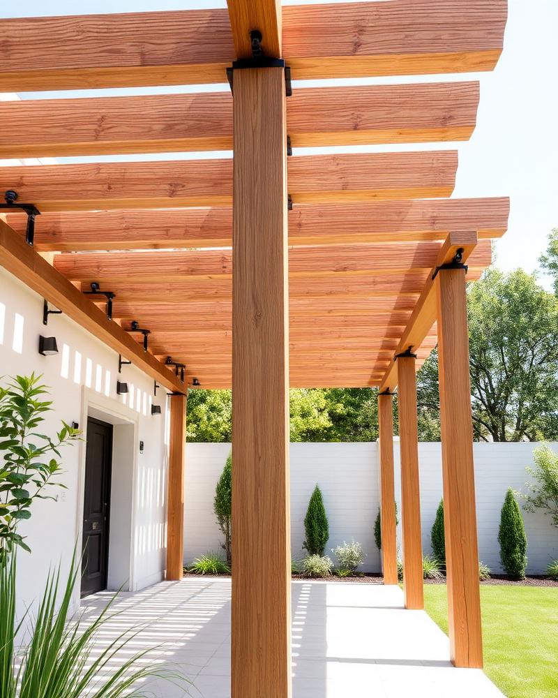 Kompletná drevená pergola s čiernymi oceľovými spojkami